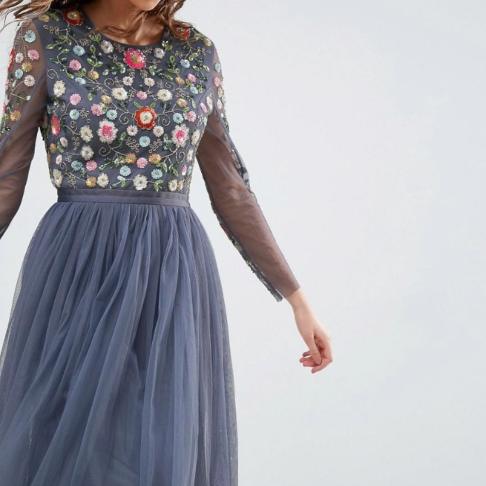 Needle & Thread Women's Blue Whisper Embroidered Tulle Midi Dress